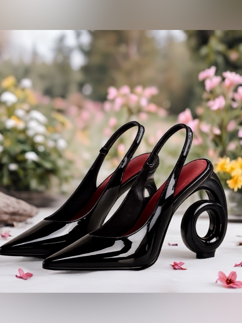 Black Patent Sculptural Spiral Heel Slingback Pumps Size 8 - Picture 9 of 12